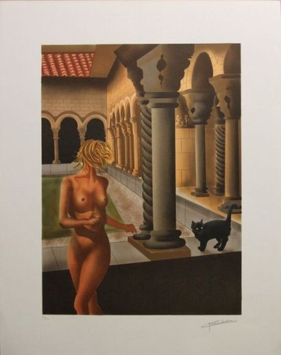 GRANDIDIER (XXème). Femme au chat noir. Lithographie...