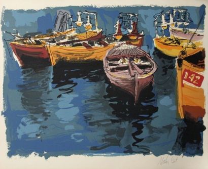 Moshe GAT (né en 1935). Barques au mouillage....