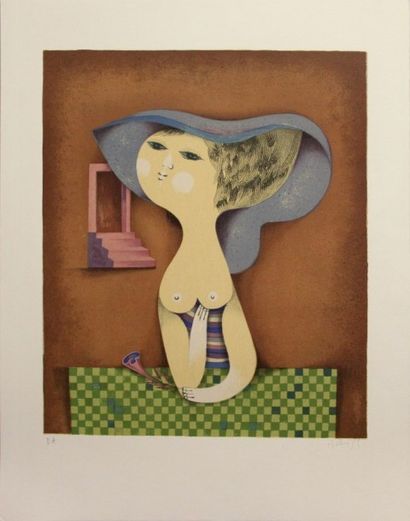 Sami BRISS (né en 1930). Femme au chapeau....