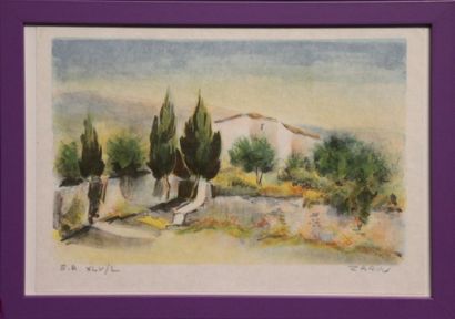 ZAROU (né en 1930). Paysage provençal. Lithographie...