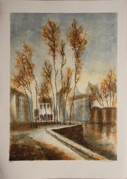 STEINLEN (Xxème). Village. Lithographie couleurs...