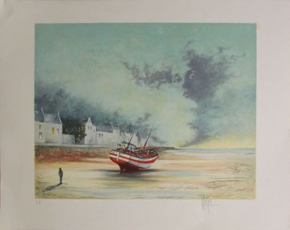 WESTEL (Xxème). Bateau de pêche à marée-basse....