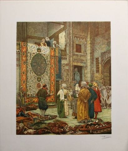 LAMY (Xxème). Les vendeurs de tapis. Lithographie...