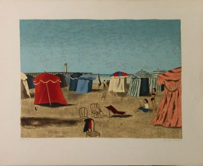 Roland OUDOT (1897-1981). Scène de plage....