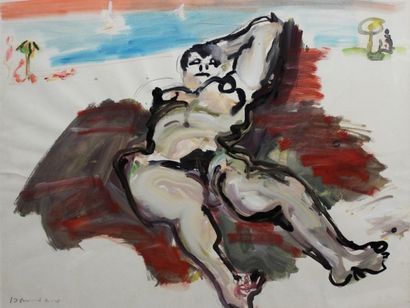 Bernard DAMIANO (1926-2000). Scène de plage....