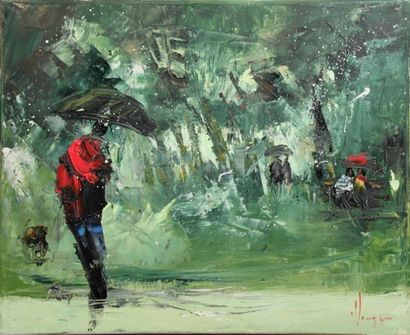 JÜRGEN (Xxème). Promeneurs sous la pluie....