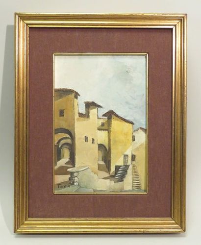 TANZI (Xxème). Vue d'habitations, 1977. Huile...