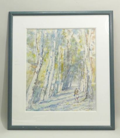 Sous-bois animé d'un personnage, 1995. Aquarelle...