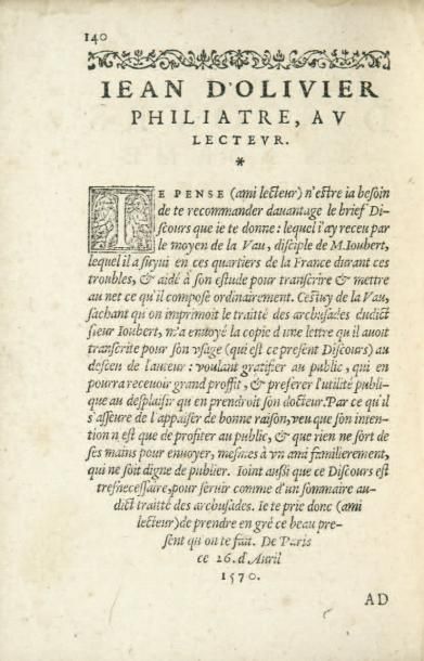 JOUBERT (Laurent)
Traitté des arcbusades,...