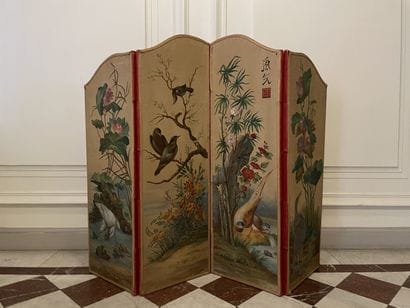 Four-leaf folding screen with painted decoration...