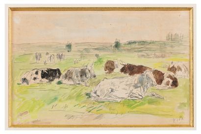 Eugène BOUDIN (1824-1898)

Vaches au pré.

Aquarelle...