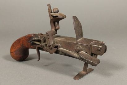 Iron flint table pistol lighter with walnut...