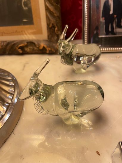 Set of three glass sculptures, one decorated...
