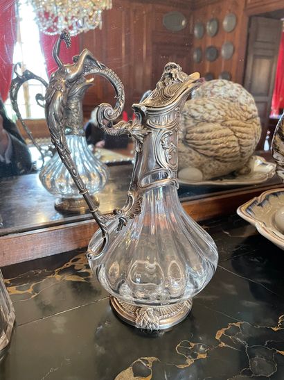 Pair of cut crystal wine decanters with silver...