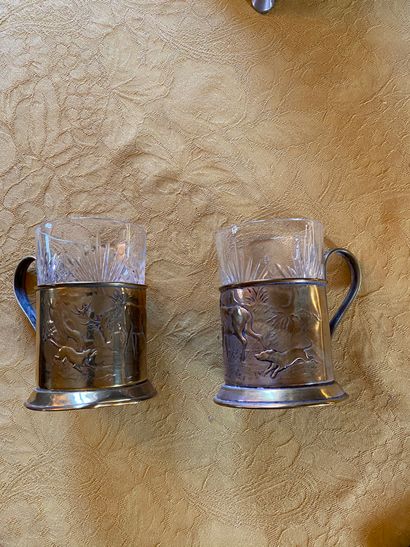 Two copper tea glass holders with hunting...