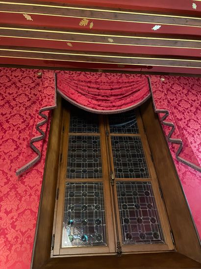 Set of five red damask valances with their...