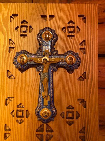 Lacquered paper maché cross depicting the...
