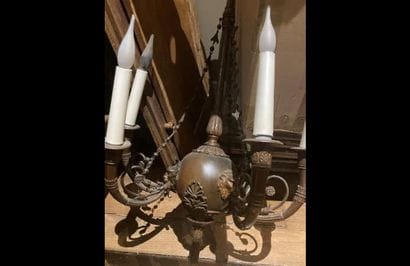 Patinated bronze chandelier with 6 arms of...