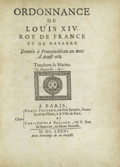 ORDINANCE of Louis XIV King of France and...