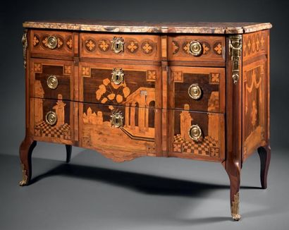 COMMODE en placage et marqueterie de bois...