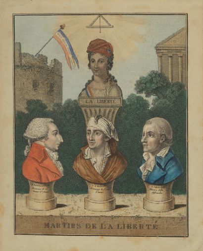 Gravure rehaussée titrée “Martirs de la Liberté”...