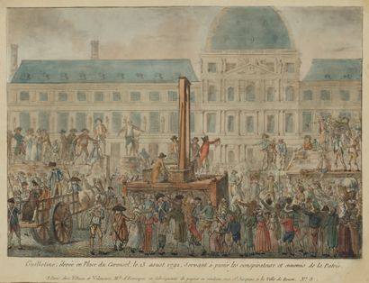 Gravure rehaussée, titrée : “Guillotine élevée...