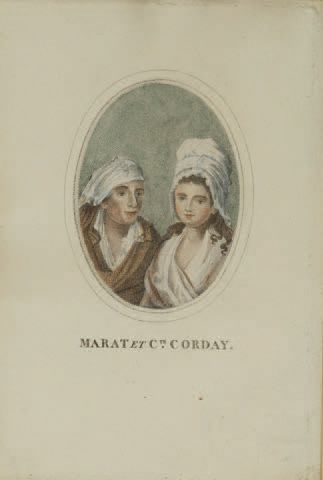 Marat et Charlotte Corday.
Gravure colorée...