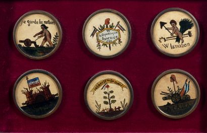 Six painted buttons fixed under glass inscribed...