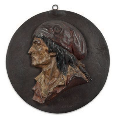 Bas-relief en bronze polychrome représentant...