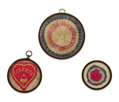 Two tricolor silk taffeta cockades, one of...