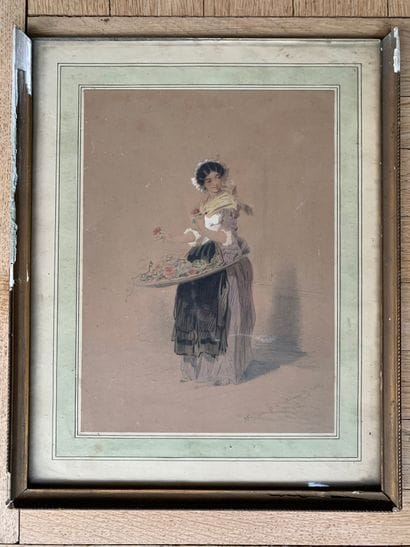 M.F
Young girl with a basket of roses
Pen...