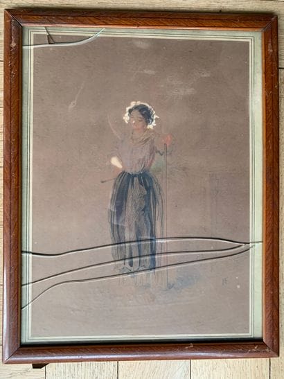 M.F
Young girl with a basket of roses
Pen...