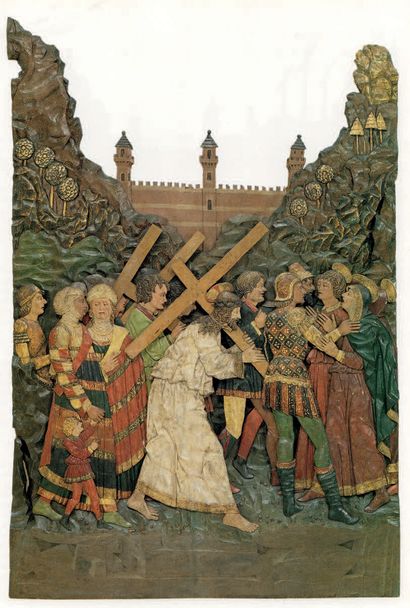 High-relief polychrome wood panel depicting...