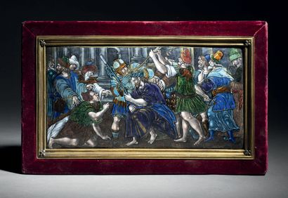 Polychrome painted enamel plate, translucent...
