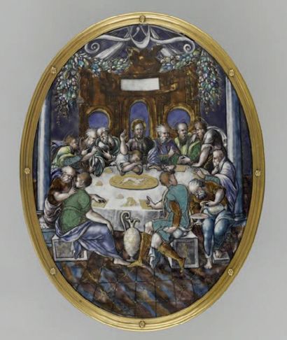 Domed oval plaque in painted polychrome enamel...