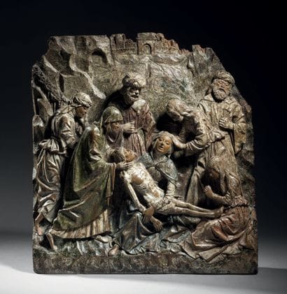 High-relief polychrome wood panel depicting...