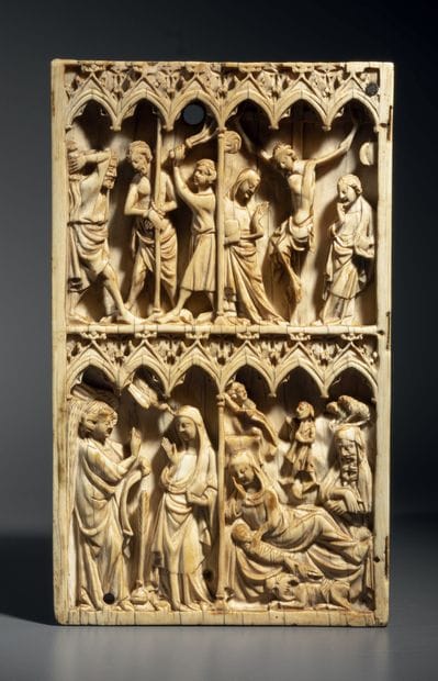 Left panel of a large, deeply carved ivory...