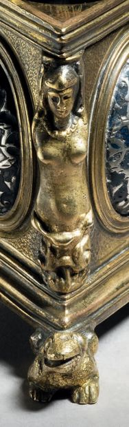 Triangular inkwell in chased and gilded bronze,...