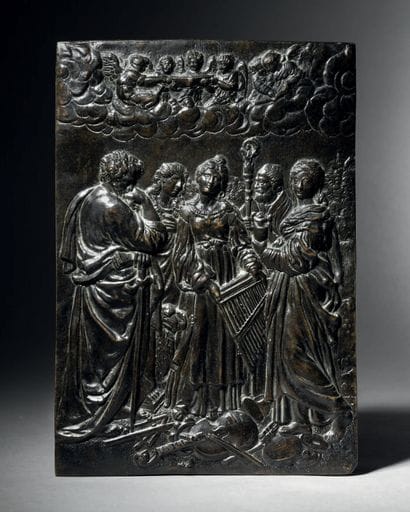 Large bronze plaque with dark patina depicting...