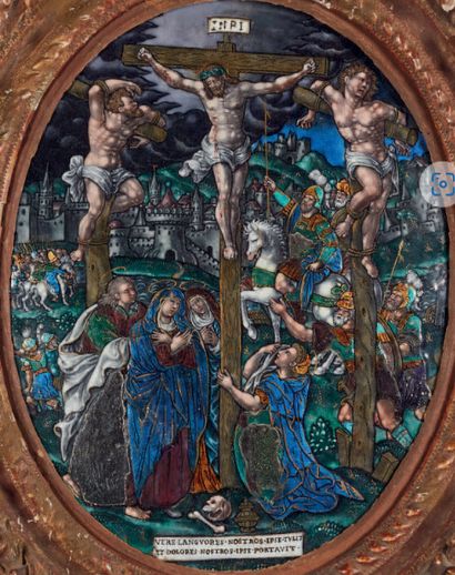 Polychrome painted enamel plate, translucent...