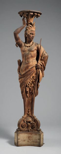 Importante torchère en chêne sculpté en ronde...