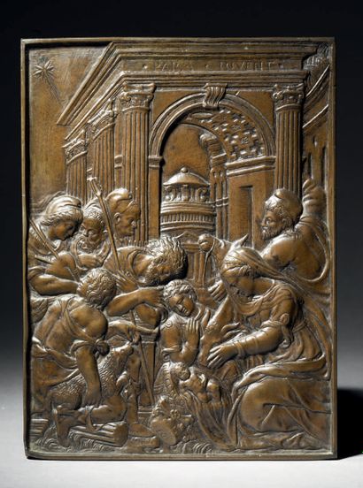 Bronze plaque with brown patina depicting...