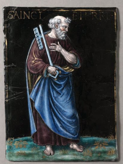 Polychrome painted enamel plaque with gold...