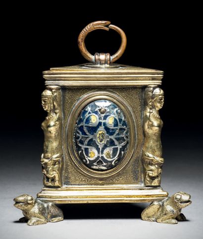 Triangular inkwell in chased and gilded bronze,...