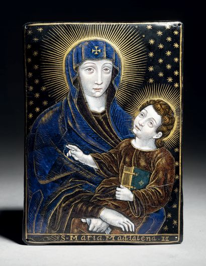 Polychrome painted enamel plaque with gold...
