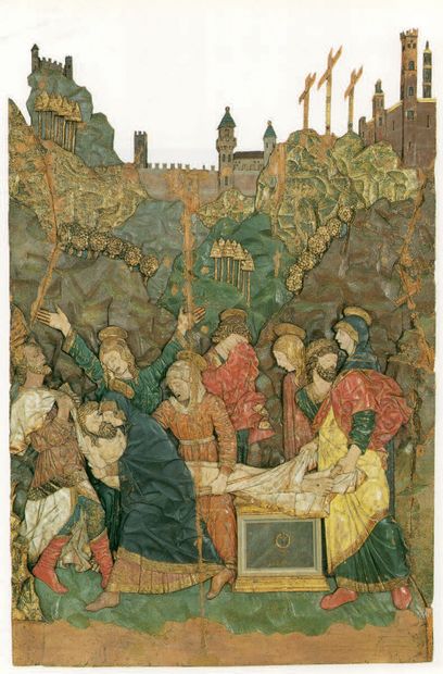 High-relief polychrome wood panel depicting...