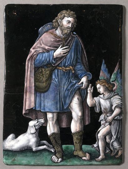 Polychrome painted enamel plaque with gold...
