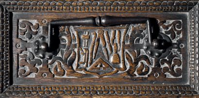 Rare small carved oak chest by a master carpenter,...