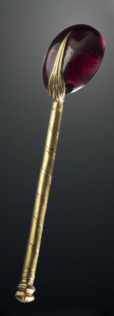 Rare spoon with engraved, chased gold handle...