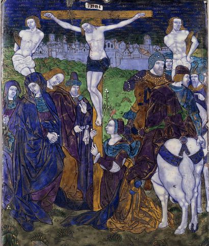 Large curved plaque in painted polychrome...
